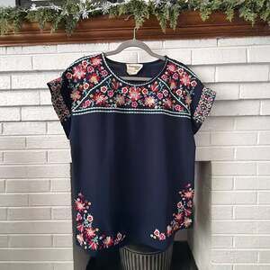 Savanna Jane Navy Floral Embroidered Short Sleeve Boho Blouse
